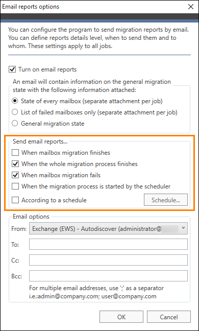 Selecting actions that will trigger sending reports by email.