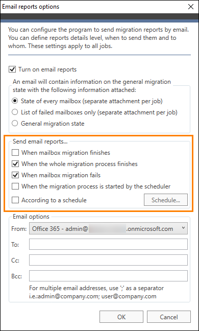 Selecting actions that will trigger sending reports by email.