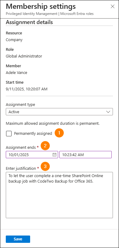 Setting the role assignment duration.