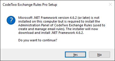 A notification shown when the required version of .NET Framework is missing from your machine.