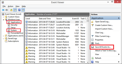 Exporting events from Event Viewer.
