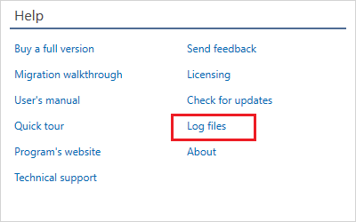 Exmigr Log files link in the Help box