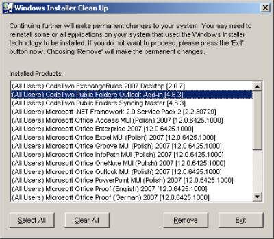Windows Installer Clean Up dialog box.