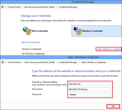 Adding Windows credential to BACKUP-PC\Martin