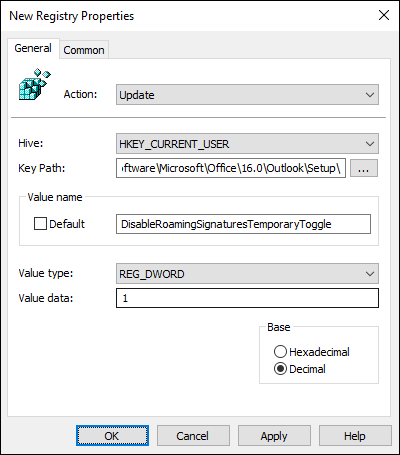 Configuring the DisableRoamingSignaturesTemporaryToggle registry value.