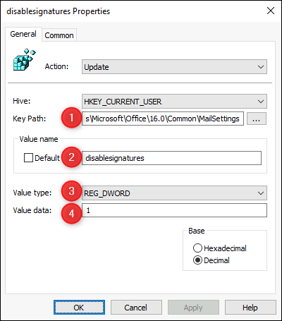 Configuring the registry key settings.