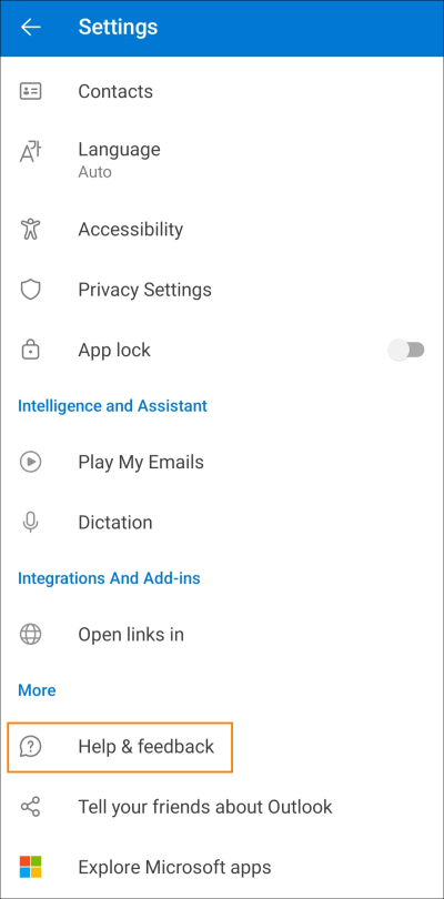 The Help & feedback option in the Settings tab in Outlook for Android.