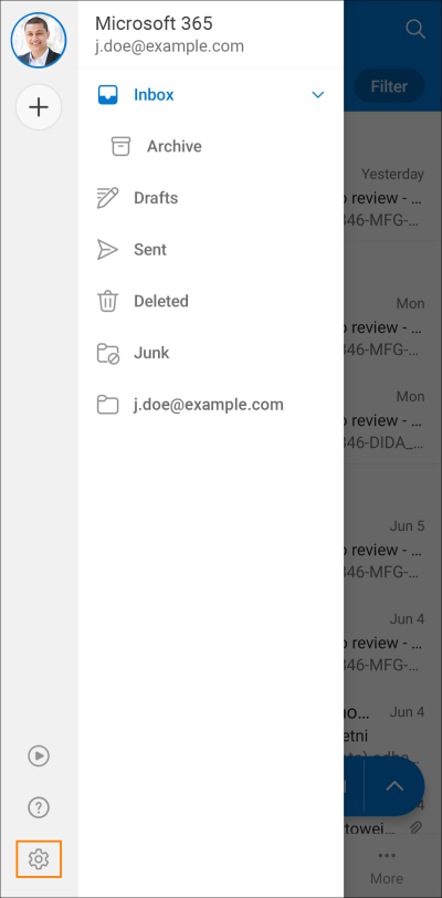 The gear (Settings) icon in Outlook for Android.