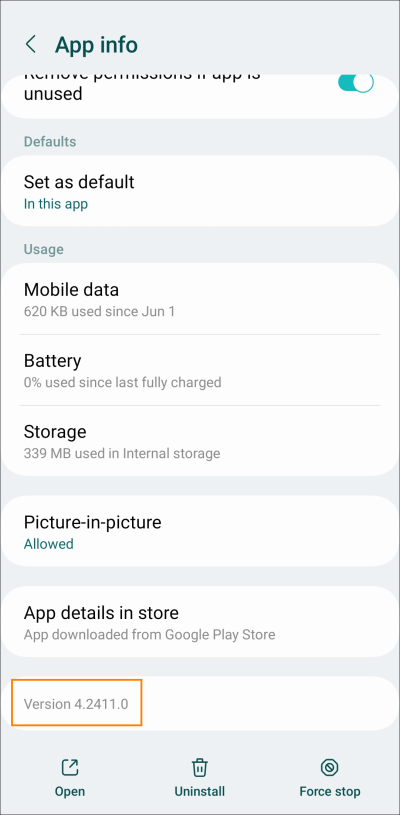 Checking the app version in Android system settings.