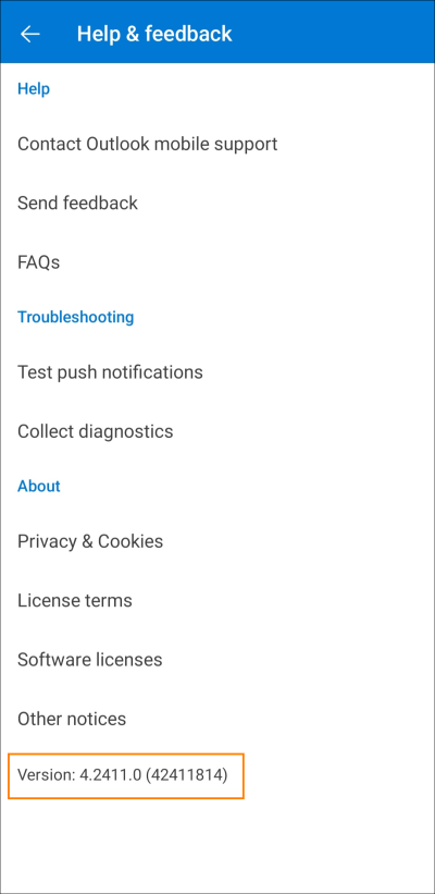Outlook version number as shown in Outlook for Android.
