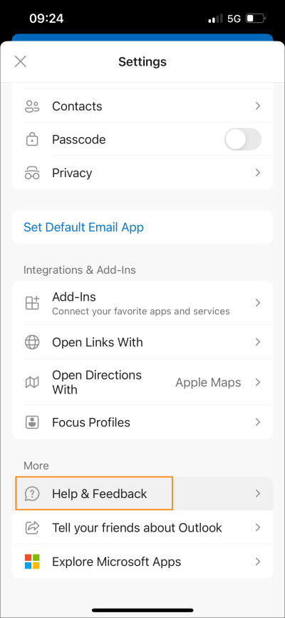 The Help & feedback option in the Settings tab in Outlook for iOS.