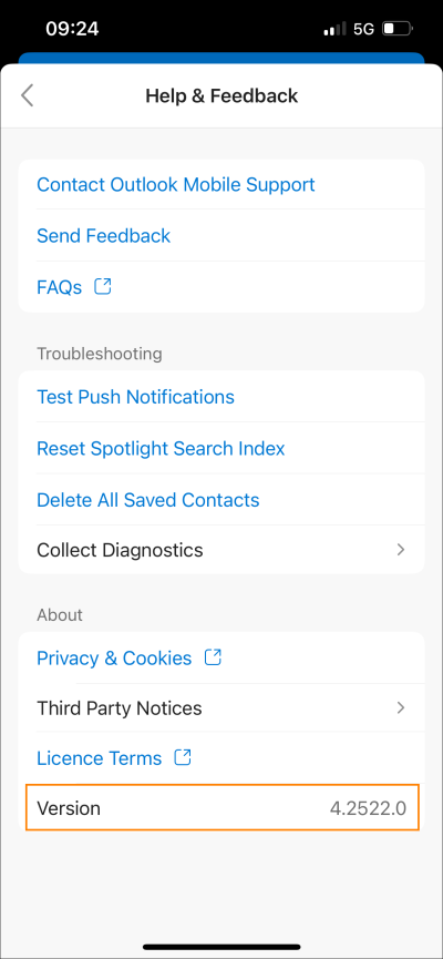 Outlook version number as shown in Outlook for iOS.