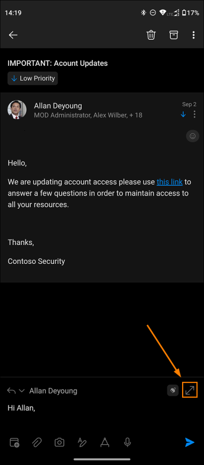 Opening the full compose view for a reply in Outlook for Android.