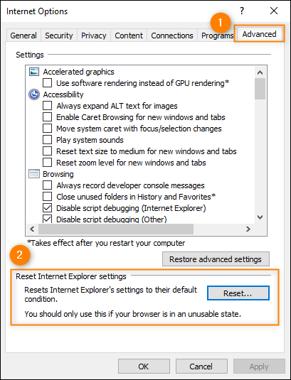 Resetting Internet Explorer's settings to their default values.