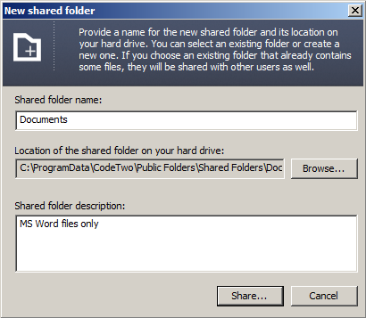 New shared folder creation window.