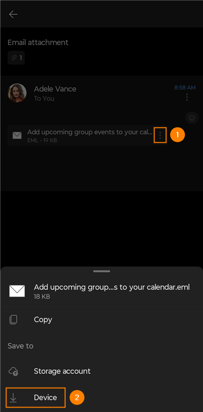 Saving the .eml file in Outlook for Android.