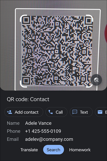 Cameras in mobile devices can read vCard info from QR codes.