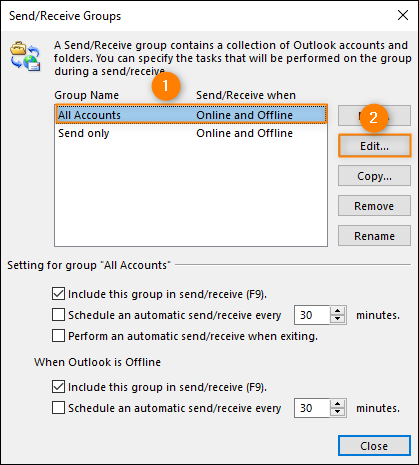 Opening the default send/receive group named All Accounts.