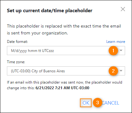 The Current date/time placeholder configuration.