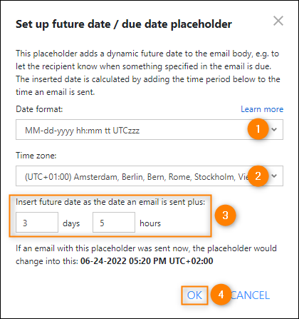 The Future date / due date placeholder configuration.