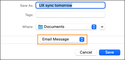 Saving a message to EML in legacy Outlook for Mac.