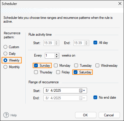 Setting the time frames for the rule to be triggered.
