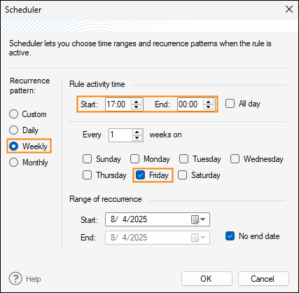 Setting the time frames for the rule to be triggered.