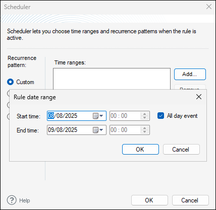 Rule date range editor available for the Custom recurrence pattern.