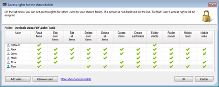Defining user access rights to a folder.