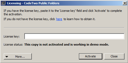 The activation dialog box of CodeTwo Public Folders.