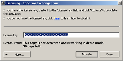 Activation dialog box in CodeTwo Exchange Sync.