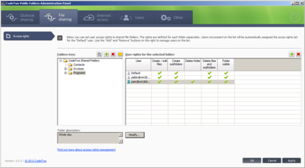 The shared files access rights' management window.
