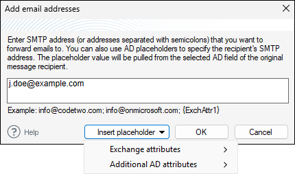 Specifying SMTP Email Address and placeholders.