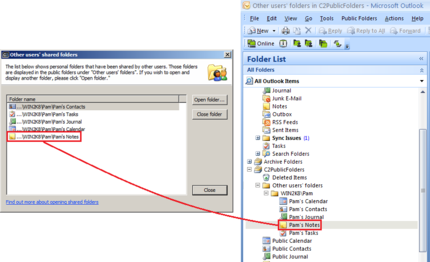 Shared personal folders of other users are displayed in theC2PublicFolders branch and not in your personal folders.