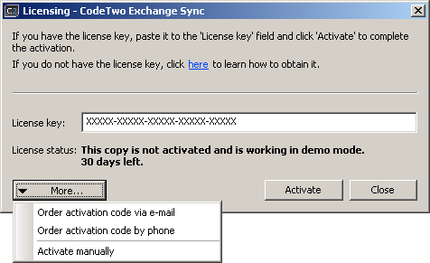 Menu with additional activation methods in CodeTwo Exchange Sync.