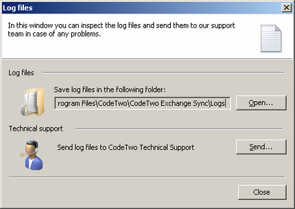 Log Files dialog box in which you can open the log file folder and sent the log files to CodeTwo technical support.