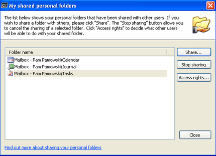  The dialog box with a list of shared personal folders.