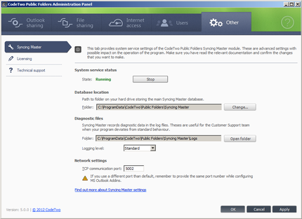The Syncing Master settings window.