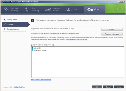 Licensing tab window.
