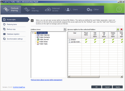 The Administration Panel of CodeTwo Public Folders Syncing Master.