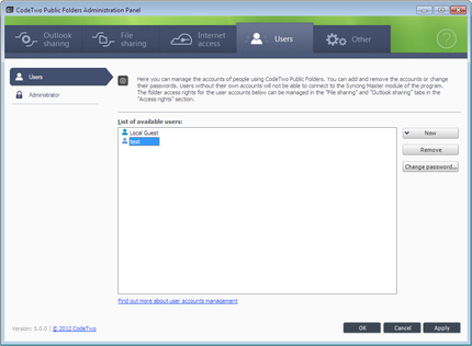 Users' accounts management window.
