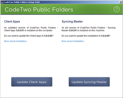 The installation/update screen of CodeTwo Public Folders.