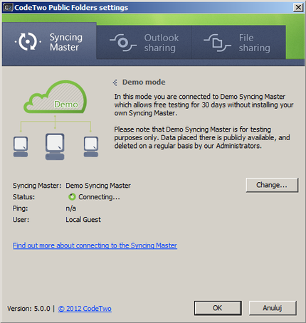Connecting to the Syncing Master hosted on the CodeTwo Internet Server.