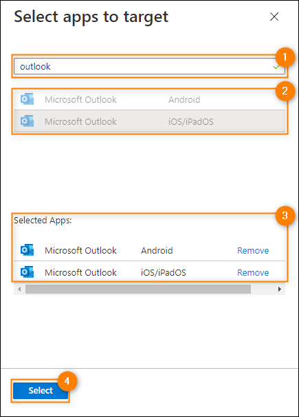 Choosing the Outlook app versions for Android and iOS.