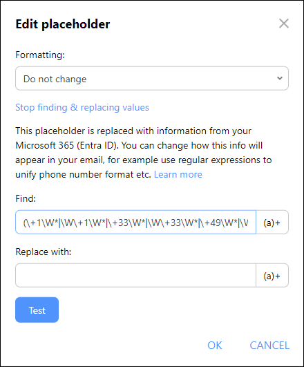 An example of using regex formatting in CodeTwo.