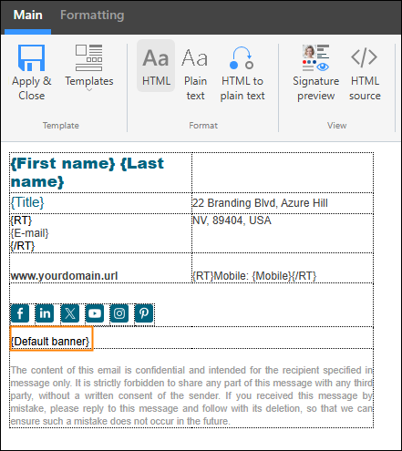 The new conditional placeholder added in the email signature template.
