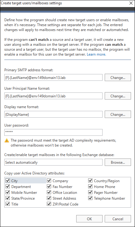 Migrator Ex-Create target users-mailboxes settings