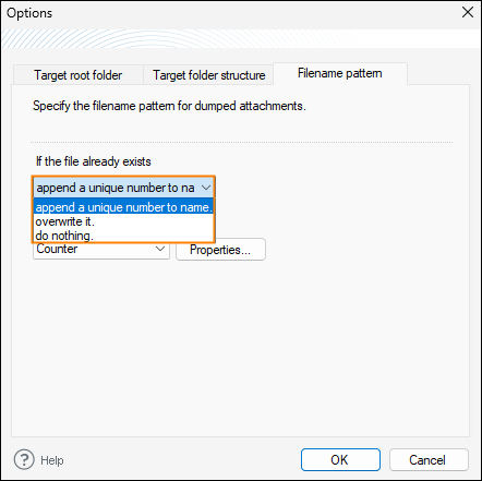 Providing filename patterns for dumped attachments.