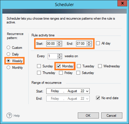 Setting the time frames for the rule to be triggered.
