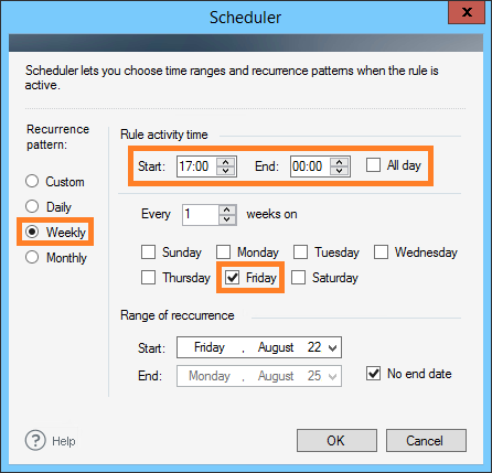 Setting the time frames for the rule to be triggered.